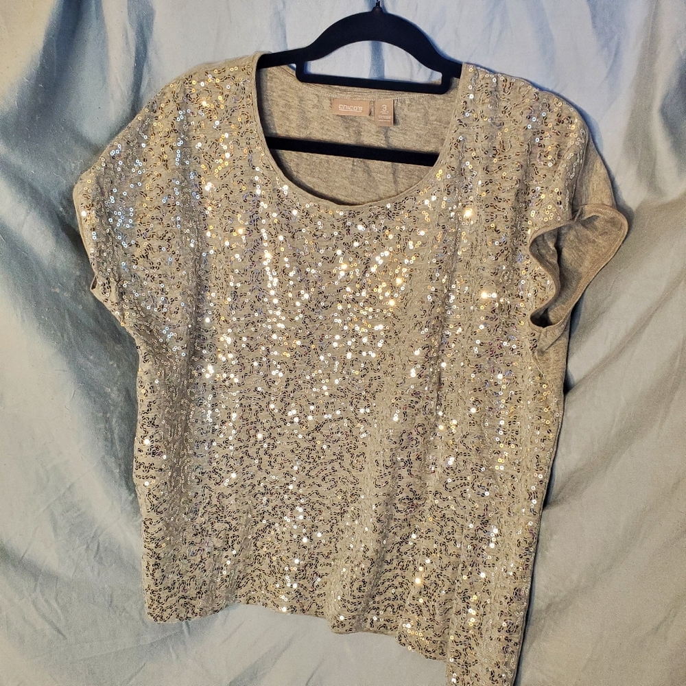Chico's lined silver sequins round neck top Size 3 (US XL) - Picture 2 of 9